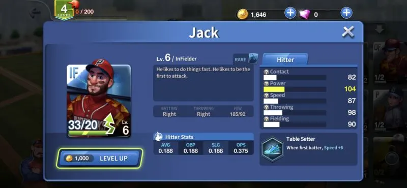 leveling up player in baseball clash