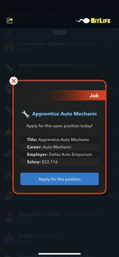 apprentice auto mechanic job in bitlife