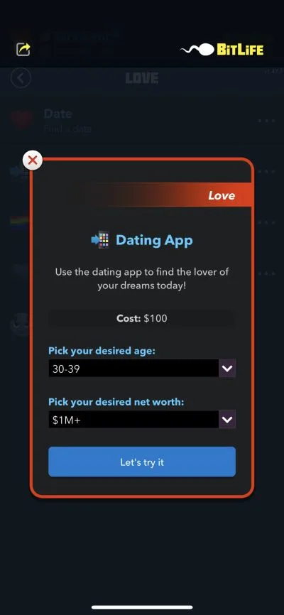 using the dating app in bitlife