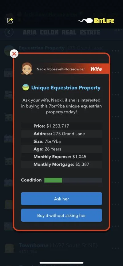 buying an equestrian property in bitlife