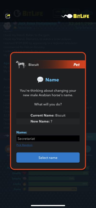 changing horse name in bitlife