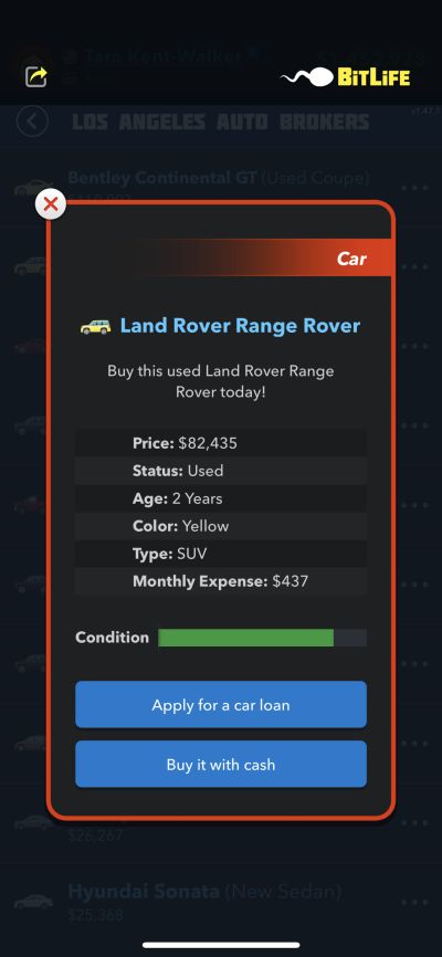 buying a land rover range rover in bitlife