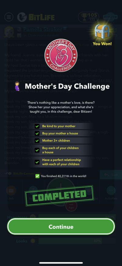 bitlife mother's day challenge requirements