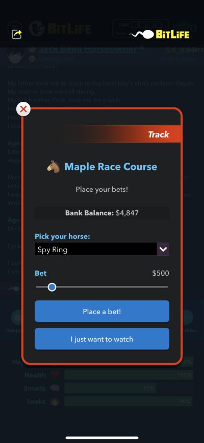 placing bet on horse race in bitlife
