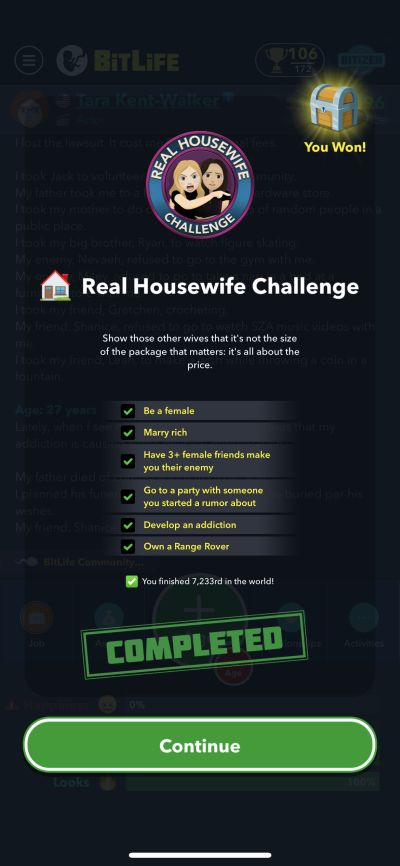 bitlife real housewife challenge requirements
