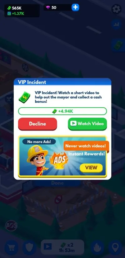 idle firefighter tycoon vip incident