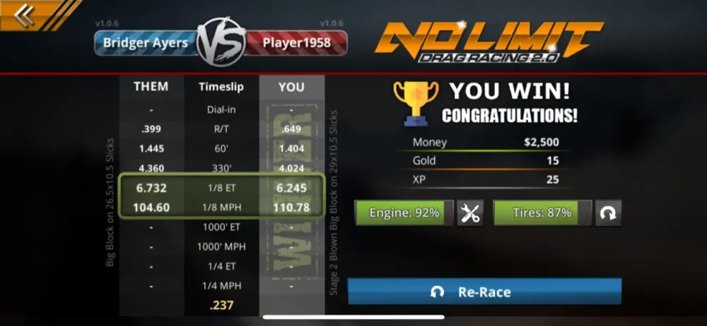 winning a race in no limit drag racing 2