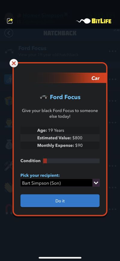 giving vehicle to child in bitlife