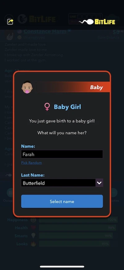 giving birth to a baby girl in bitlife