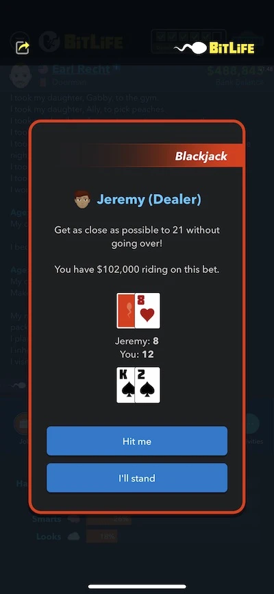 playing blackjack in bitlife