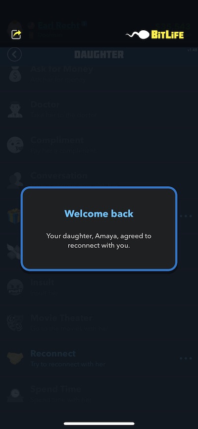 reconnecting with daughter in bitlife