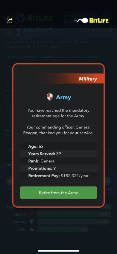 retiring from the army in bitlife