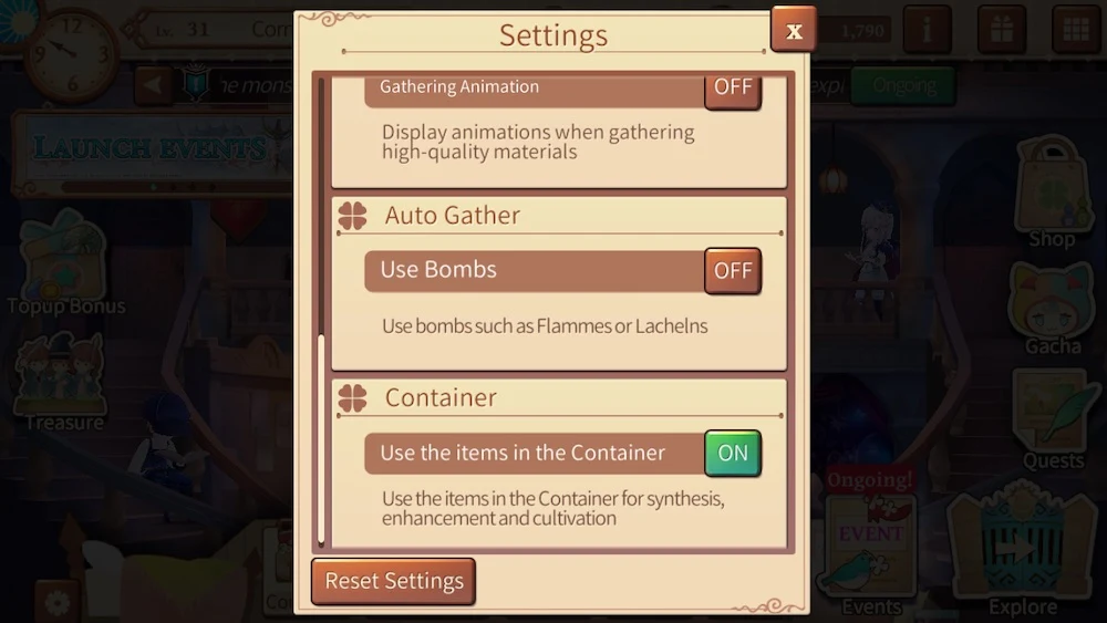 settings in atelier online alchemist of bressisle