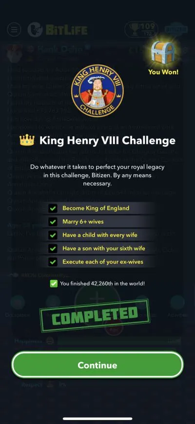 bitlife king henry viii challenge requirements