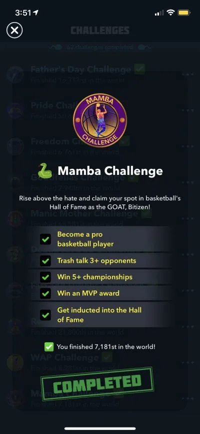 bitlife mamba challenge requirements
