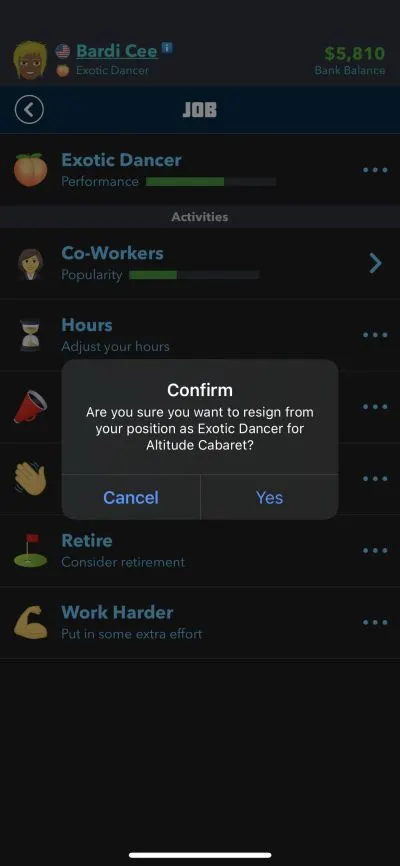 resigning from exotic dancer job in bitlife
