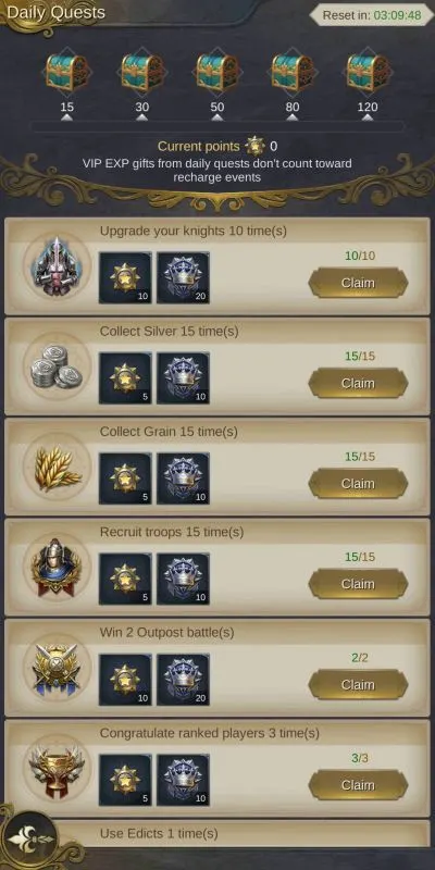 king's choice daily quests