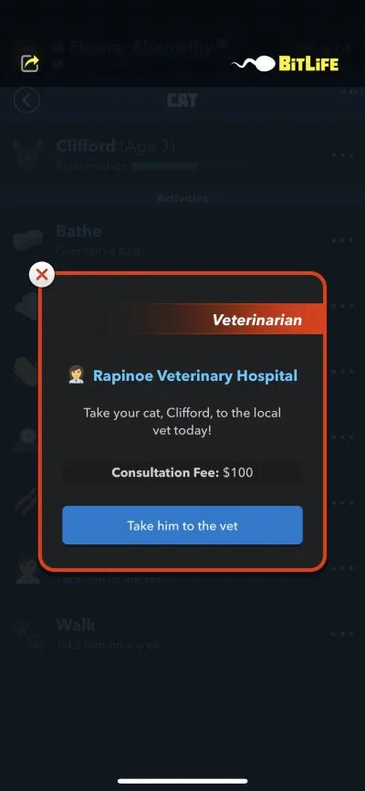 taking a pet to vet in bitlife