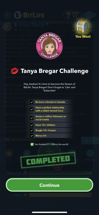 bitlife tanya bregar challenge requirements