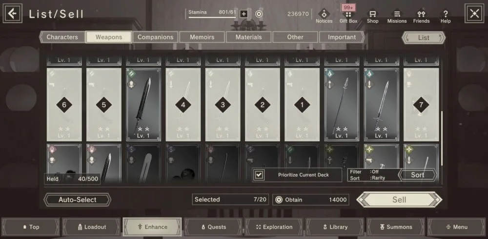selling weapons in nier reincarnation