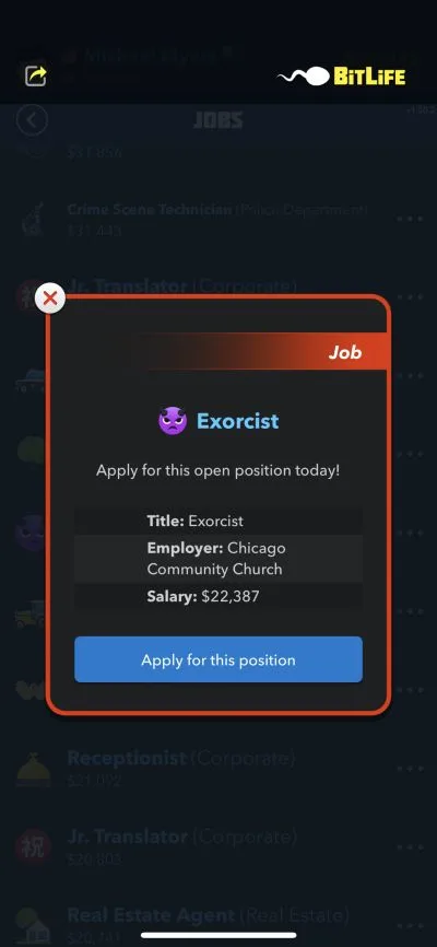 exorcist job in bitlife