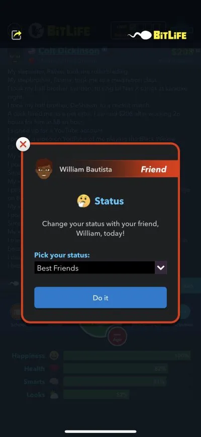 bitlife friend status