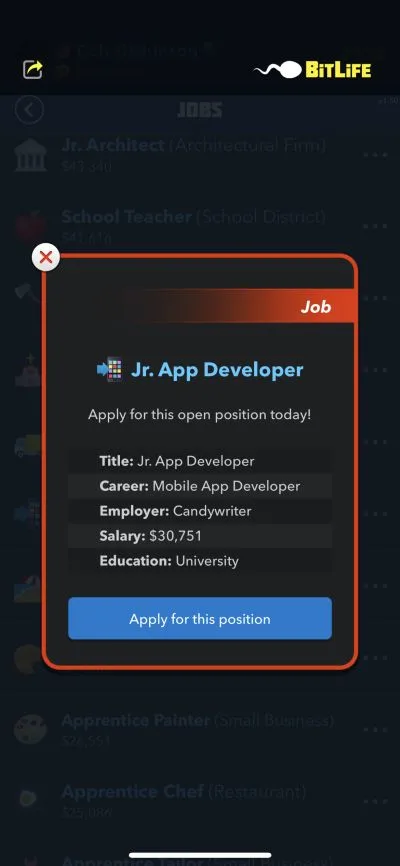 jr app developer job in bitlife