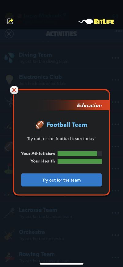 trying out for the football team in bitlife
