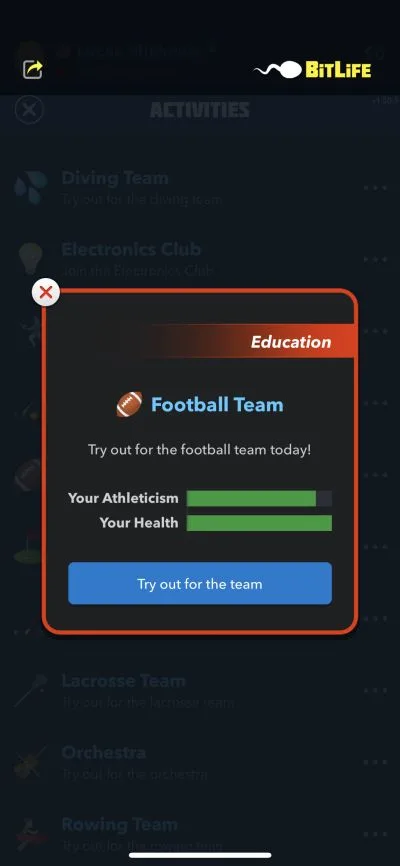 trying out for the football team in bitlife