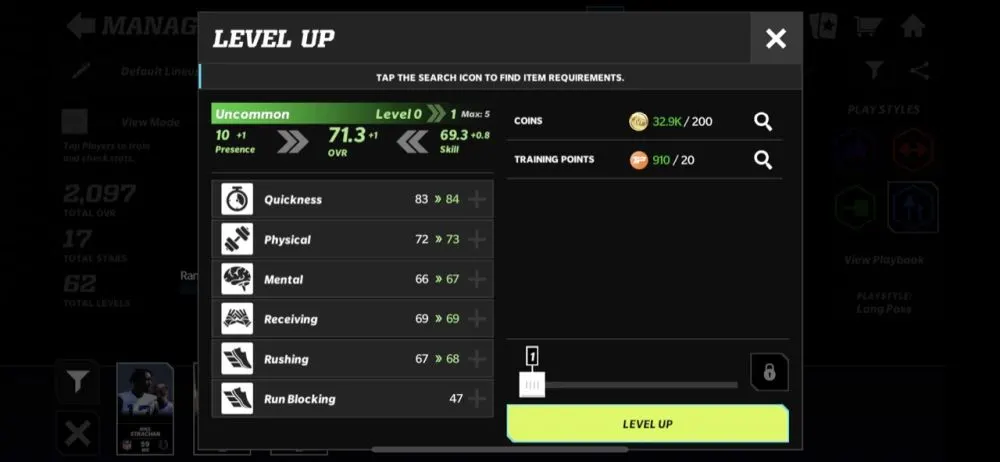 leveling up player in madden nfl mobile 22
