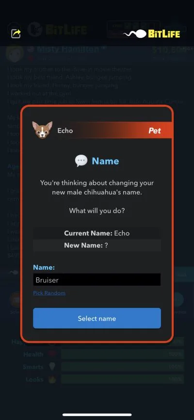 changing dog's name in bitlife