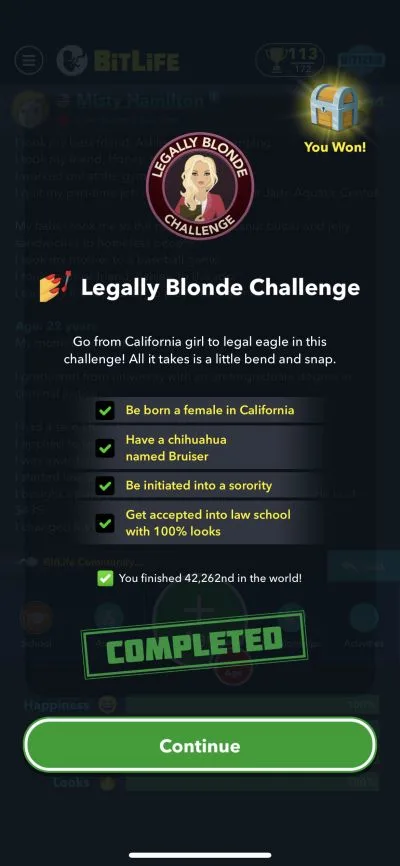 bitlife legally blonde challenge requirements