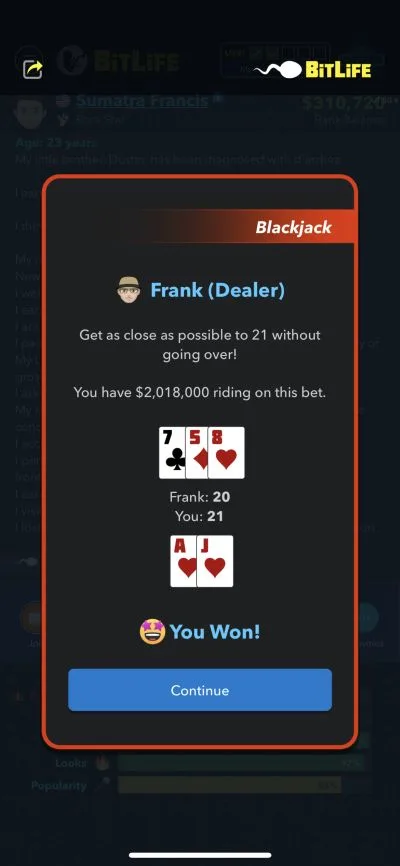 playing blackjack in bitlife