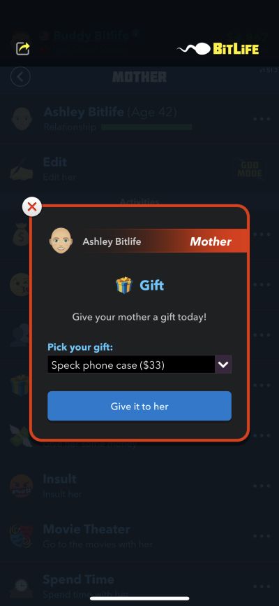 giving gift to mother in bitlife