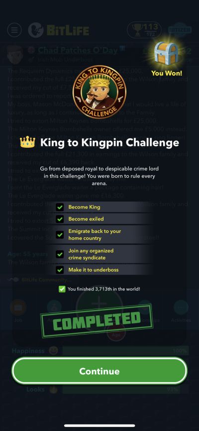 bitlife king to kingpin challenge requirements
