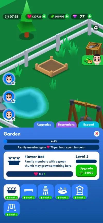 idle family sim garden