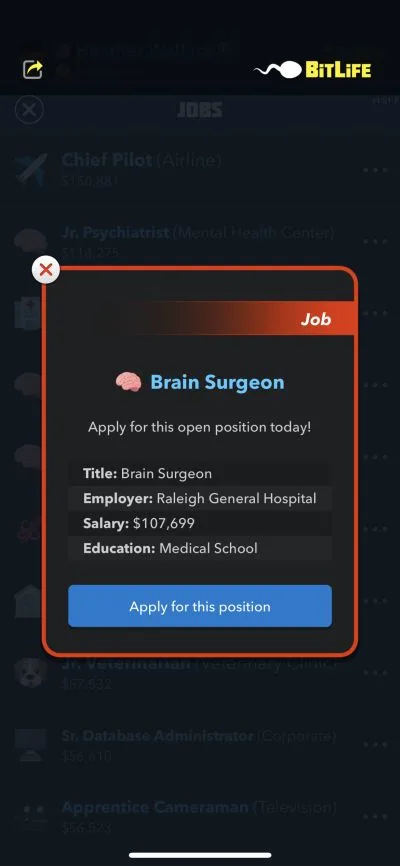 brain surgeon job in bitlife