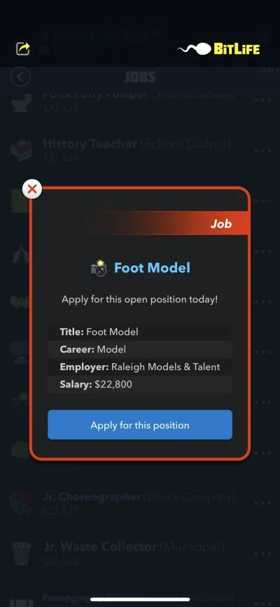foot model job in bitlife