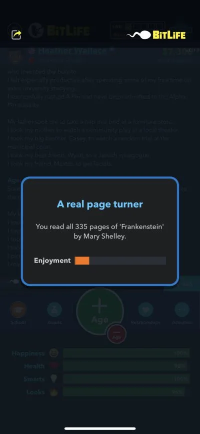 reading a frankenstein book in bitlife