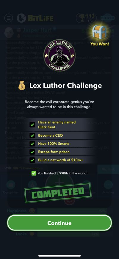 bitlife lex luthor challenge requirements