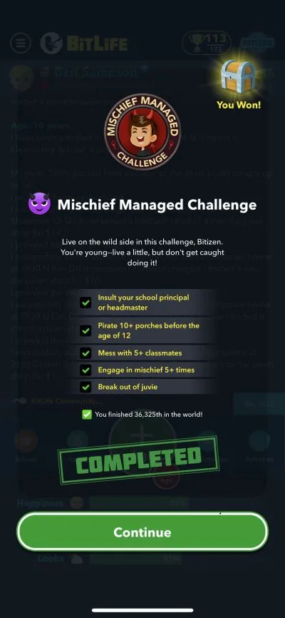 bitlife mischief managed challenge guide