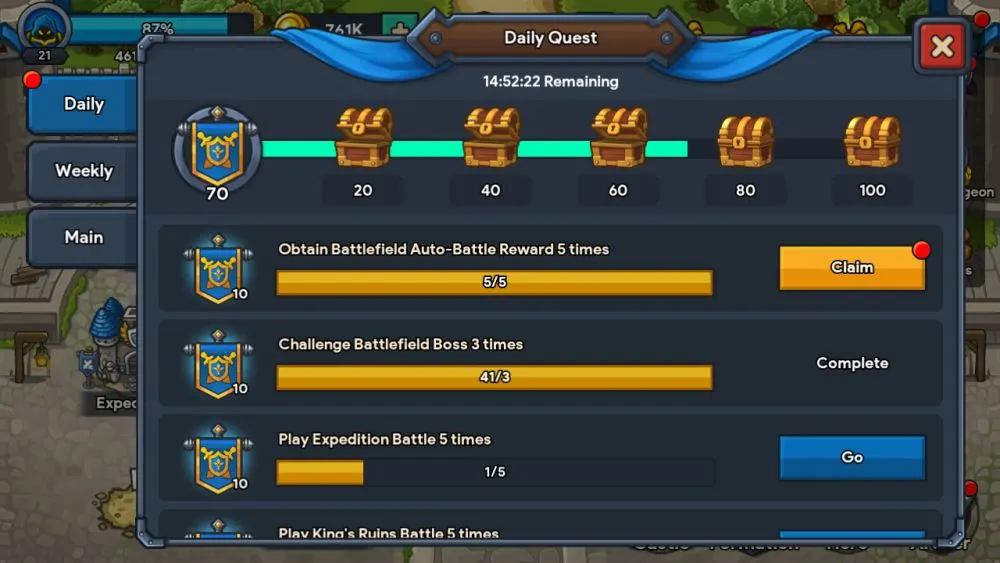 idle kingdom defense daily quest