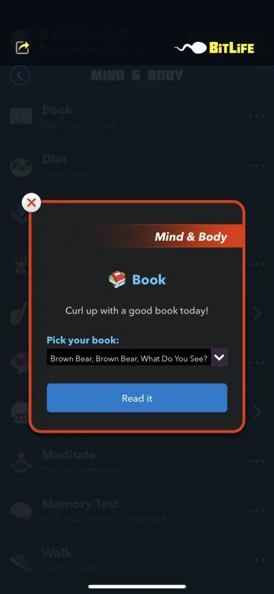 reading a book in bitlife