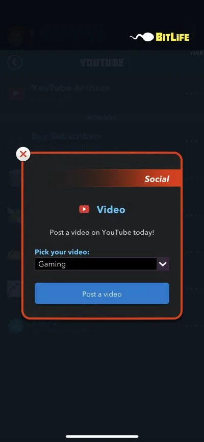 bitlife posting a video on youtube