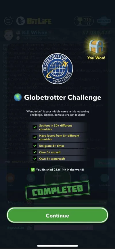 bitlife globetrotter challenge requirements