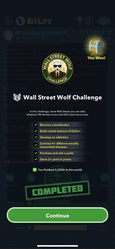 bitlife wall street wolf challenge requirements