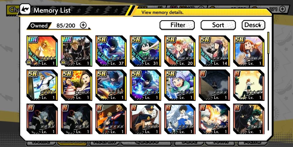 my hero ultra impact memory list