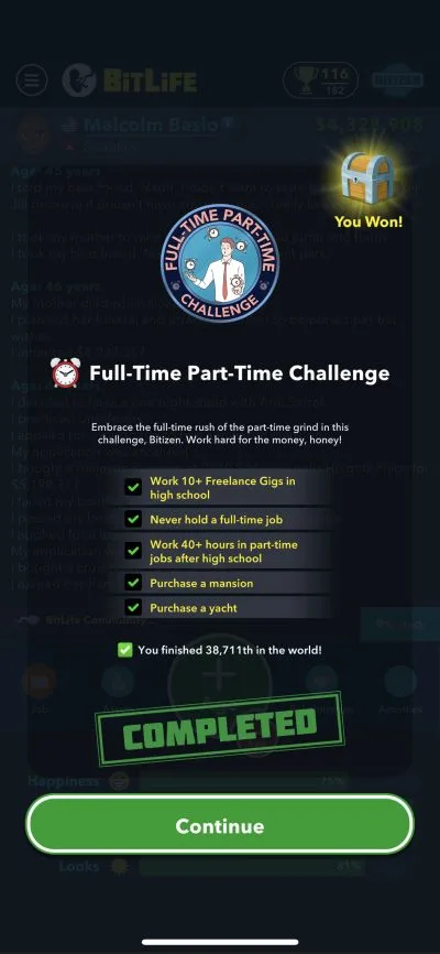 bitlife full-time part-time challenge requirements