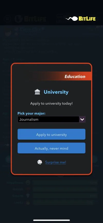 university application in bitlife