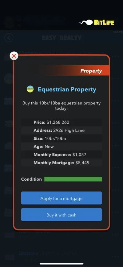 bitlife equestrian property